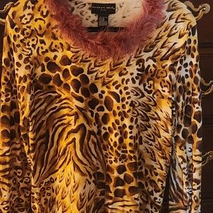 august silk Brown Animal Print Long Sleeve Top with Pink Feather Trim